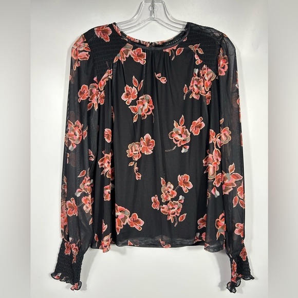 Sanctuary Floral Print Blousy Mesh Stretch Top Falling Garland Black/Red Size S - Picture 1 of 14